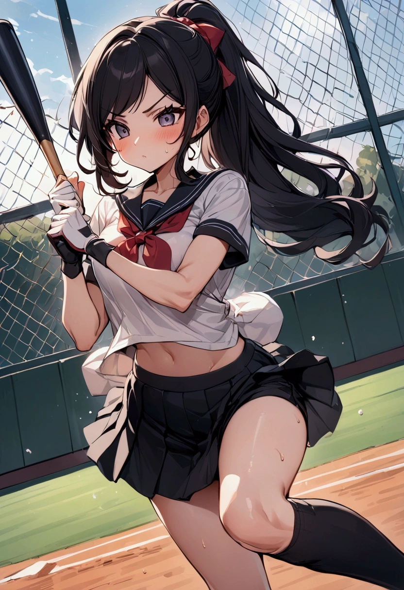 from side, batting stance,{{Baseball bat-swing:1.8}}.Animated image of a player swinging a baseball bat at a ball,{{action}},{{Baseball bat-swing, skirt flips up, glimpse of black shorts:1.8}},striking out swinging,Black shorts in skirt,Cartoonish ,Line of effect,JK,1girl, solo, athlete body,{{swing a baseball bat:1.8}},Baseball bat,swing,twist,Rotation and twisting of the body,{{masterpiece}}, {{{Highest quality}}},{{Very detailed}}, dutch angle,Dynamic composition, A high school girl is swinging and missing at a batting cage,school uniform,mini skirt,Short sleeve blouse clavicle Knee-high socks Speed Line Motion Lines ,Batting Center,Bat,Sweat,Bad mood, be flustered,frustrating,{{v-shaped eyebrows}},Bad mood,blush,Sweat,raise one's eyebrows ,Black Hair,batting glove,Indoor batting center,sidelong glance,Black Skirt,Long Hair,ponytail,Black shorts,Above the baseball batter's box,No one in the background ,Green wall background,motion blur