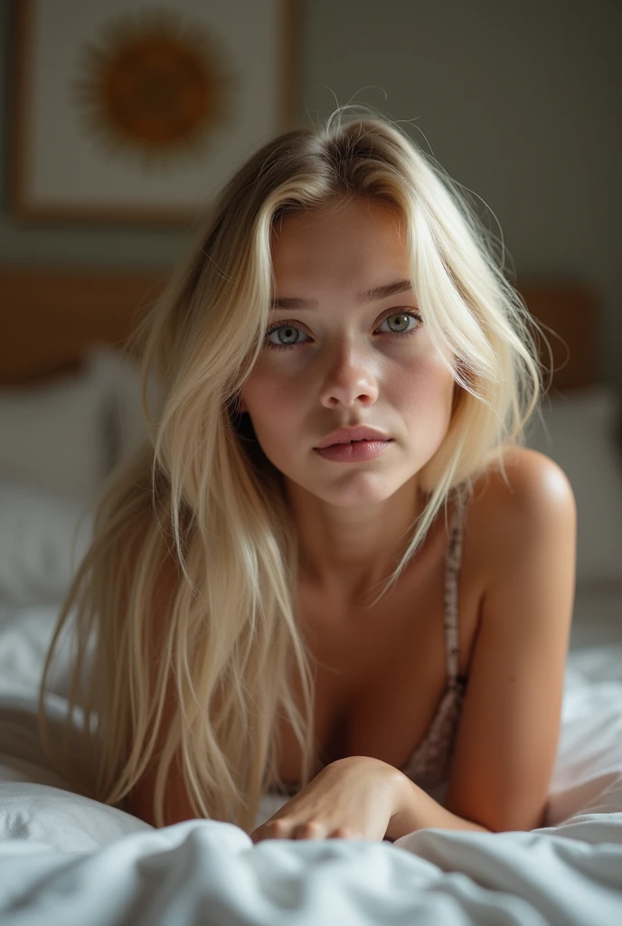 hot blonde girl,(13 year old girl), Lying on the bed, open legs, Horse tail, delgado, slim figure,  SEX, small size, beautiful face, sensual look, cozy living room, photorealistic, 4k, high quality, 
