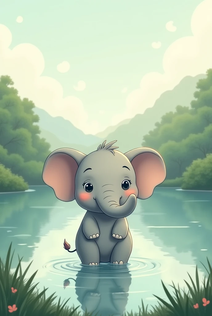 2d, Simple and cute, with gentle colors like a picture book , 8k, Highest quality,cute,Big anime eyes,広いriverの前に立つ象。The image of an elephant gathering courage to cross is reflected on the water's surface.(image: elephant, river, challenge)Scared expression