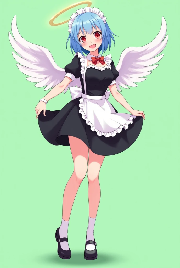 Maid cafe maid with short blue hair, Red eyes, a sensual and happy expression, age range between 18 and 26 years, with angel wings, black uniform, anime style completely in 2D, with pastel colors, with a completely flat and green background