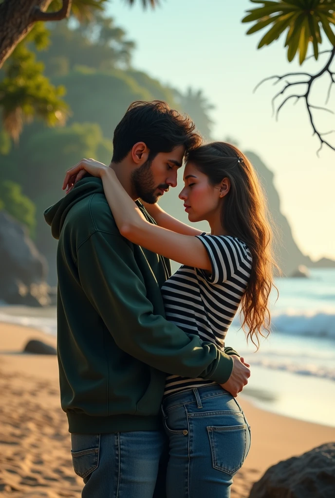 A ager girl who wears a black and white colour horizontal line t shirt hugging tightly a teen boy who wears a dark green colour hoodie and blue colour denim pant with little bit of beard in beach side with lots of trees in sides to convince him in front of waves
