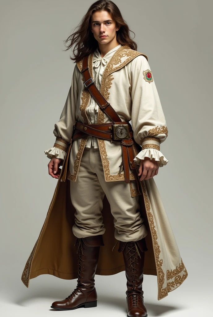 photo by full body, best qualityer, male teenager with long brown hair, details Intricate, 真实感, white and brown musketeer clothes, whole body, full body, men&#39;s boots in brown color