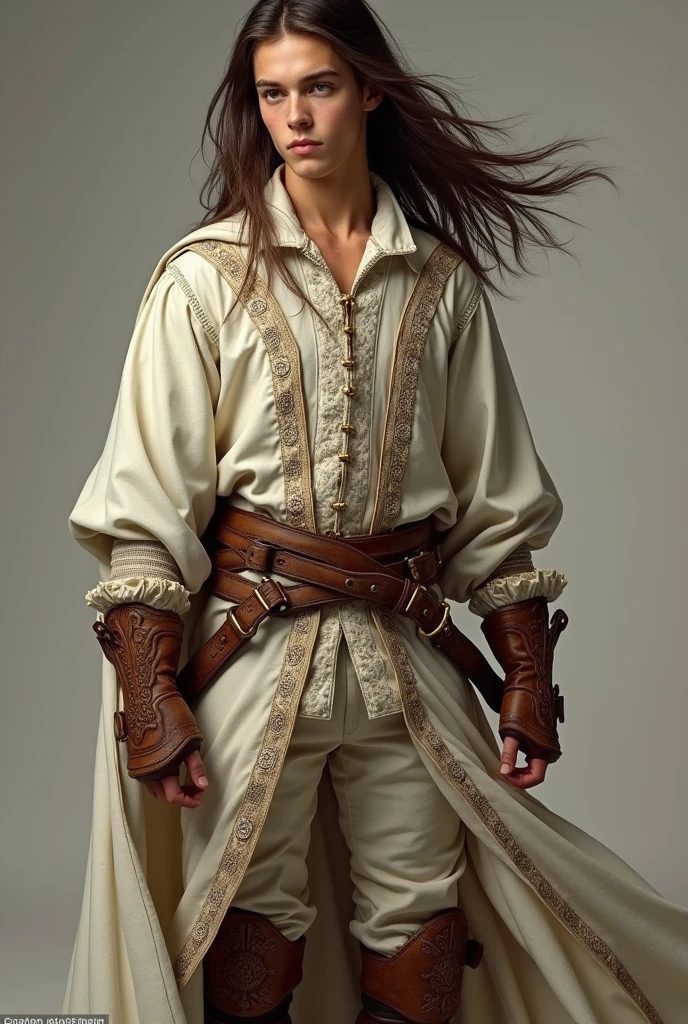 photo by full body, best qualityer, male teenager with long brown hair, details Intricate, 真实感, white and brown musketeer clothes, whole body, full body, men's boots in brown color