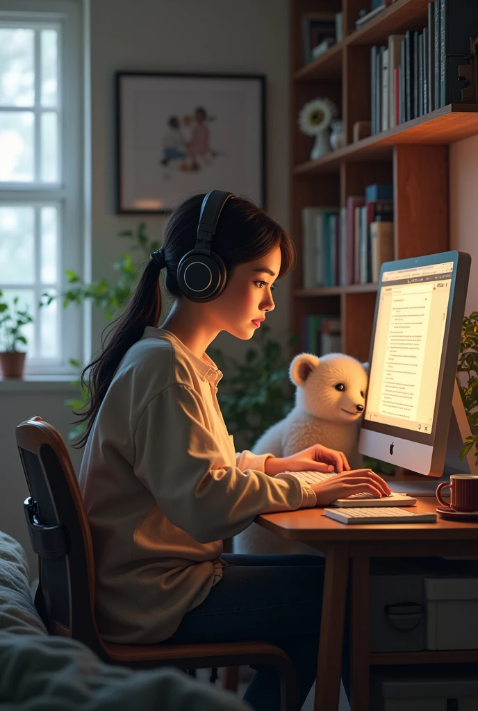 I need an image where a young woman studies inside her room with headphones and a table with a computer and there is a bear cub next to her.