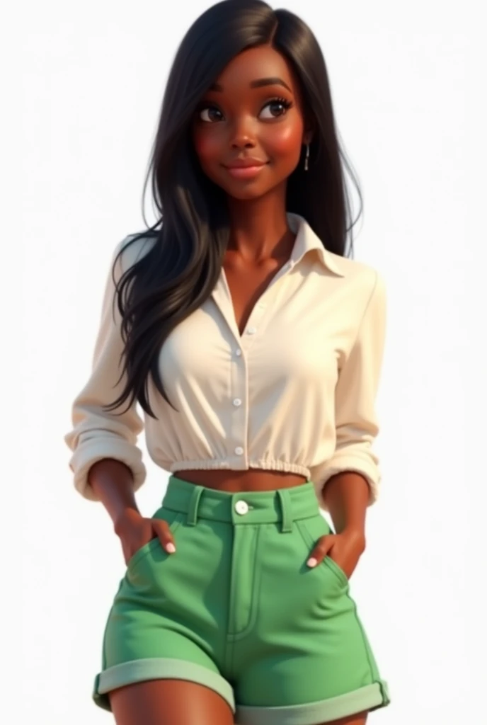 A dark-skinned woman, black straight hair with white shirts and green shorts on a white background in Pixar style in high quality, best qualityer