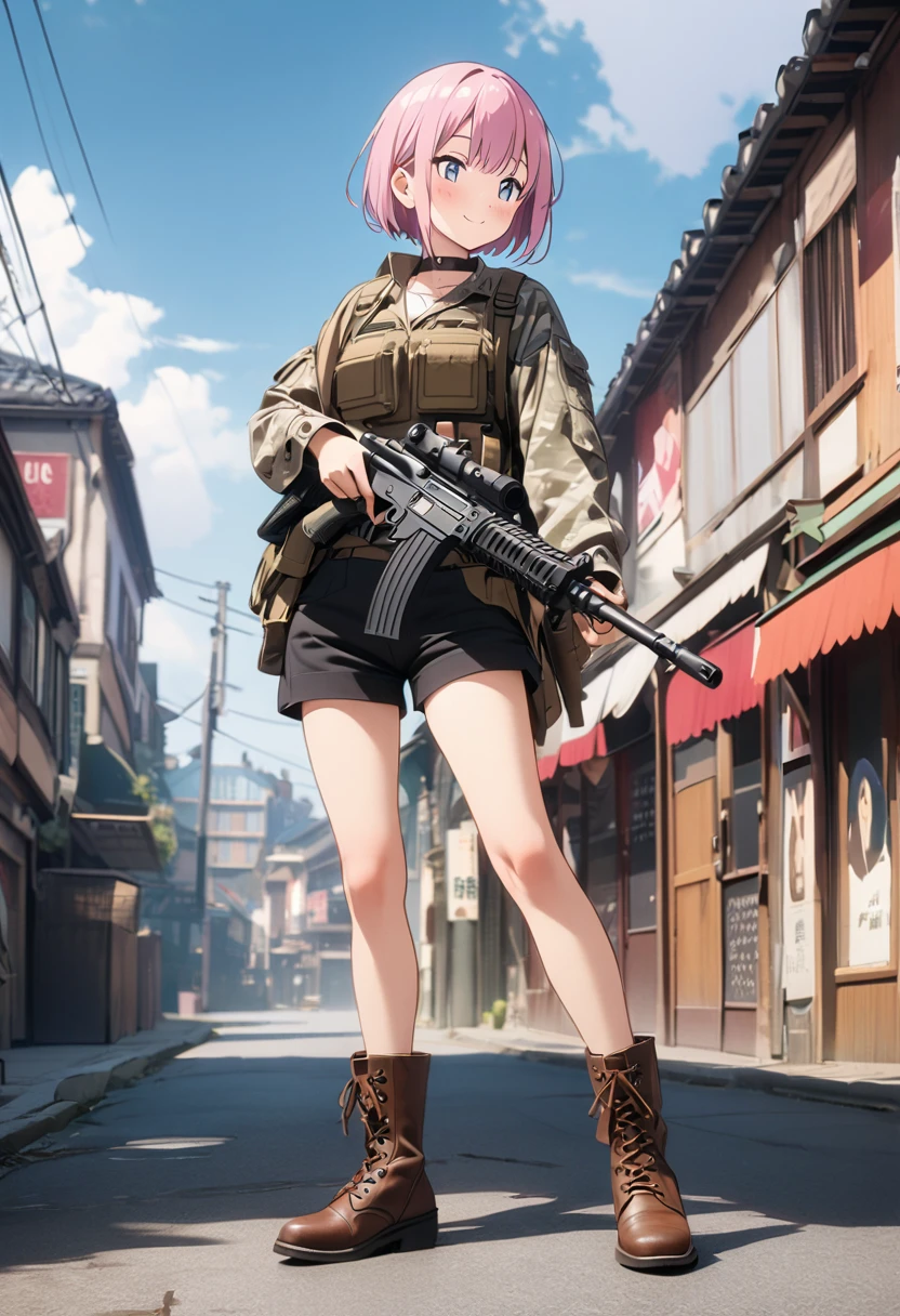 (Highest quality, 4K, 8k, High resolution, masterpiece:1.2), Very detailed, Picturesque, Anime-style photos, Photo animation:1.37)、Japanese、(Pink Hair)、(Pixie Cut)、smile、trench、Black choker、White camouflage jacket、White camouflage long pants 、White camouflage helmet、Lace-up boots、Assault rifle、Full body photo、Nakano Ichika