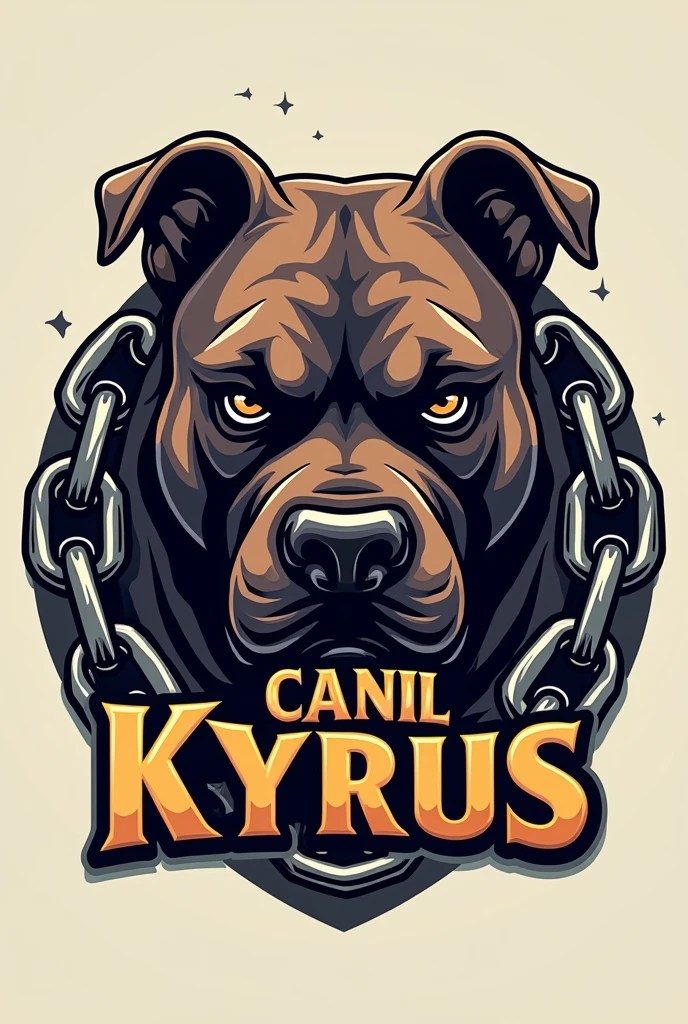 Make an image of a logo with a lowered American Bully with some chains with the name Canil Kyrus