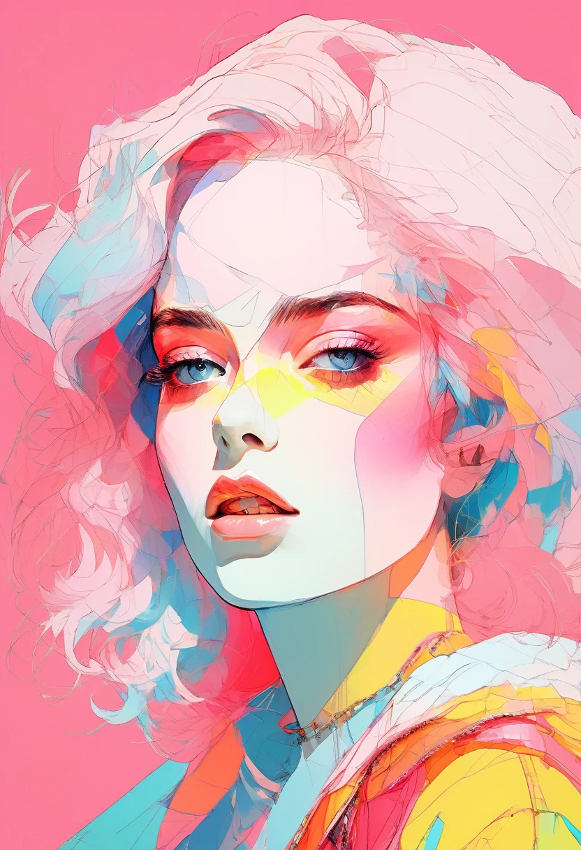 (Highest quality:1.2, City Pop Style, Very detailed, Latest, Vibrant, High Contrast, masterpiece:1.2, Highest quality, Best aesthetics), girl, ((Face Up Shot:1.4)), Colorful Hair, Bobcut, pastel colour, 1980s style, ((Retro, Vintage, Plain background))