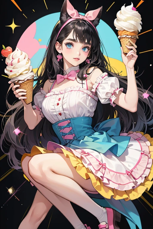 Preena has white skin with blue eyes, an orange nose, black eyebrows, yellow eyeshadow, and orange lips. Her black hair is loose and reaches down to her waist. She has no animal ears or tail.
 Preena wears a molded-on pink and blue bodice with a blue stripe around the bodice and with a white ruffle down the middle of the bodice with four different colored buttons. At the top of the bodice is a white bow with a black bow on it. Her pink and black skirt is removable with a pink elastic band. The patterns on her skirt are that of ice cream cones, sundaes, and sprinkles, with the ice cream cones on the black part of the skirt and the sundaes on the lighter pink part, with the rest of the skirt in a pattern of sprinkles. The trim is simple cut.
 Her footwear consists of orange penguin feet shoes and she has a pink bow in her hair. SPARKLE; GLITTER