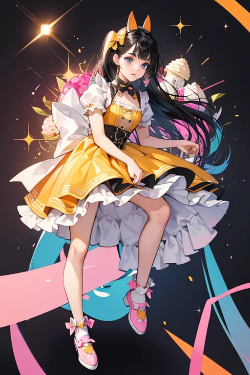 Preena has white skin with blue eyes, an orange nose, black eyebrows, yellow eyeshadow, and orange lips. Her black hair is loose and reaches down to her waist. She has no animal ears or tail.
Preena wears a molded-on pink and blue bodice with a blue stripe around the bodice and with a white ruffle down the middle of the bodice with four different colored ons. At the top of the bodice is a white bow with a black bow on it. Her pink and black skirt is removable with a pink elastic band. The patterns on her skirt are that of ice cream cones, sundaes, and sprinkles, with the ice cream cones on the black part of the skirt and the sundaes on the lighter pink part, with the rest of the skirt in a pattern of sprinkles. The trim is simple cut.
Her footwear consists of orange penguin feet shoes and she has a pink bow in her hair. SPARKLE; GLITTER