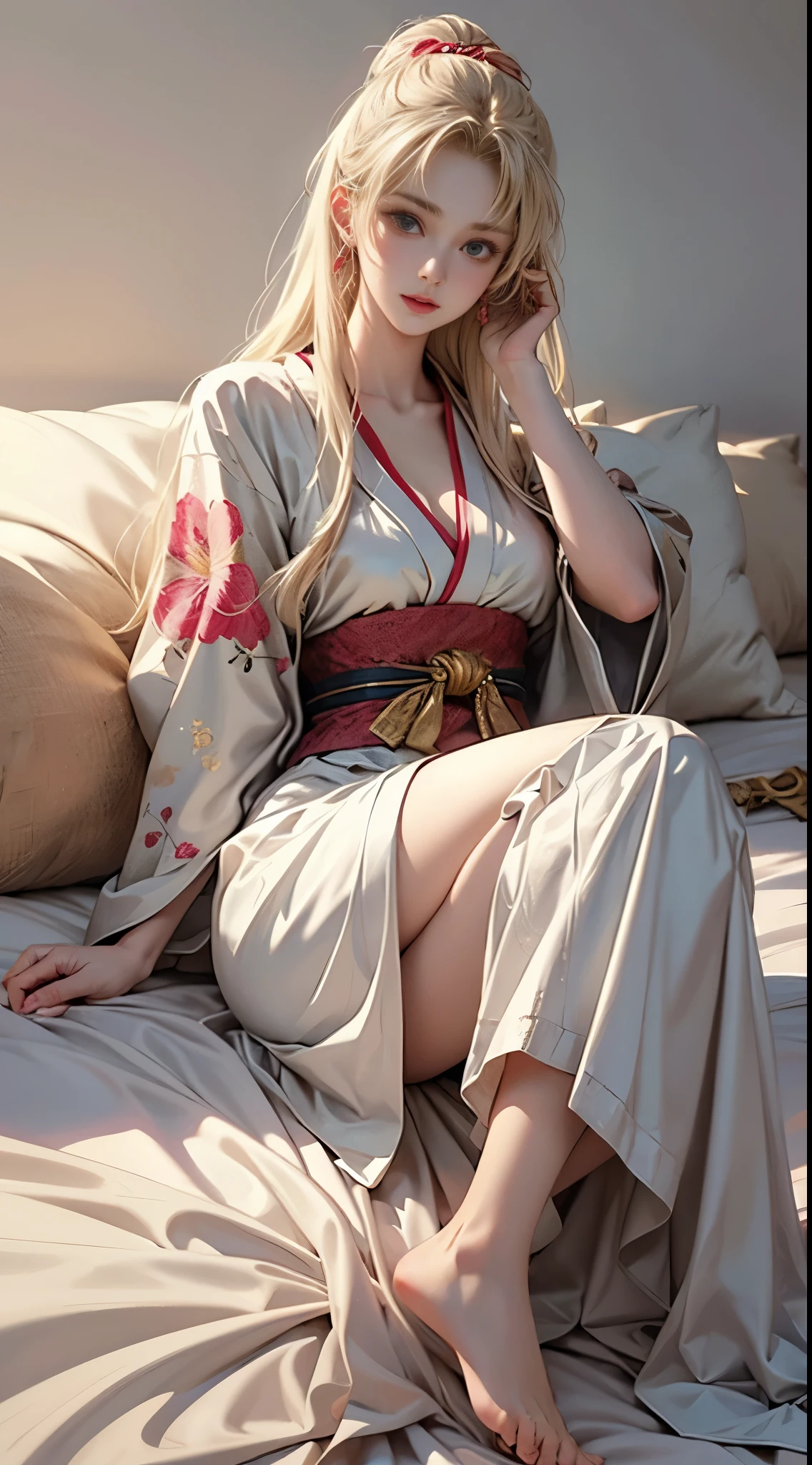 Anime girl in kimono costume lying on bed with head on hands, Beautiful character painting, guweiz style artwork, beautiful and seductive anime woman, extremely detailed artegerm, Hanfu blanco, 3d realistic anime style., loose hair and long robes, beautiful anime woman, anime realism style, beautiful animated portrait, artegerm. animated illustration