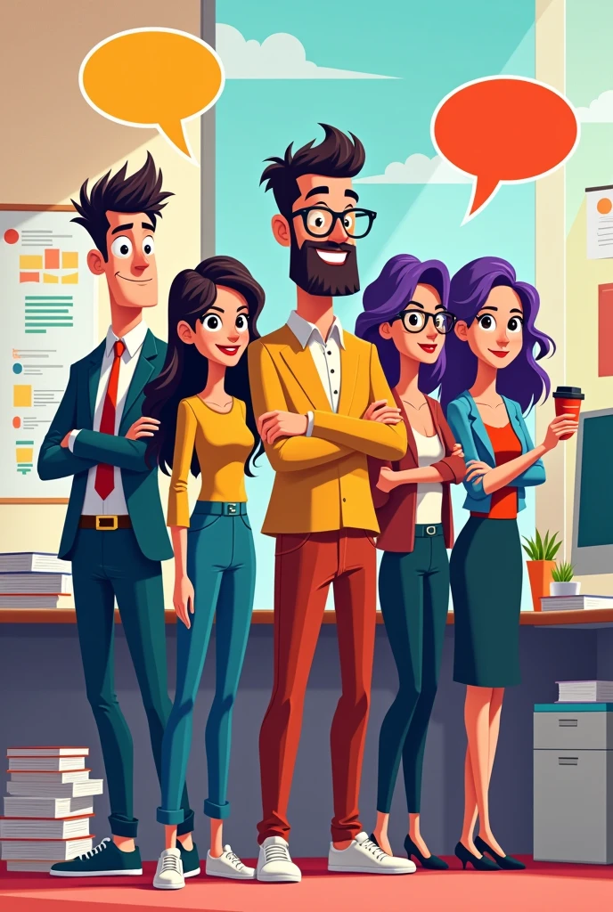 Create 5 characters, 3 men and 2 women ( minimalist characters, and they are characters who work in a company and in comic books ) make them look like cartoons make them in a more lively and simple style