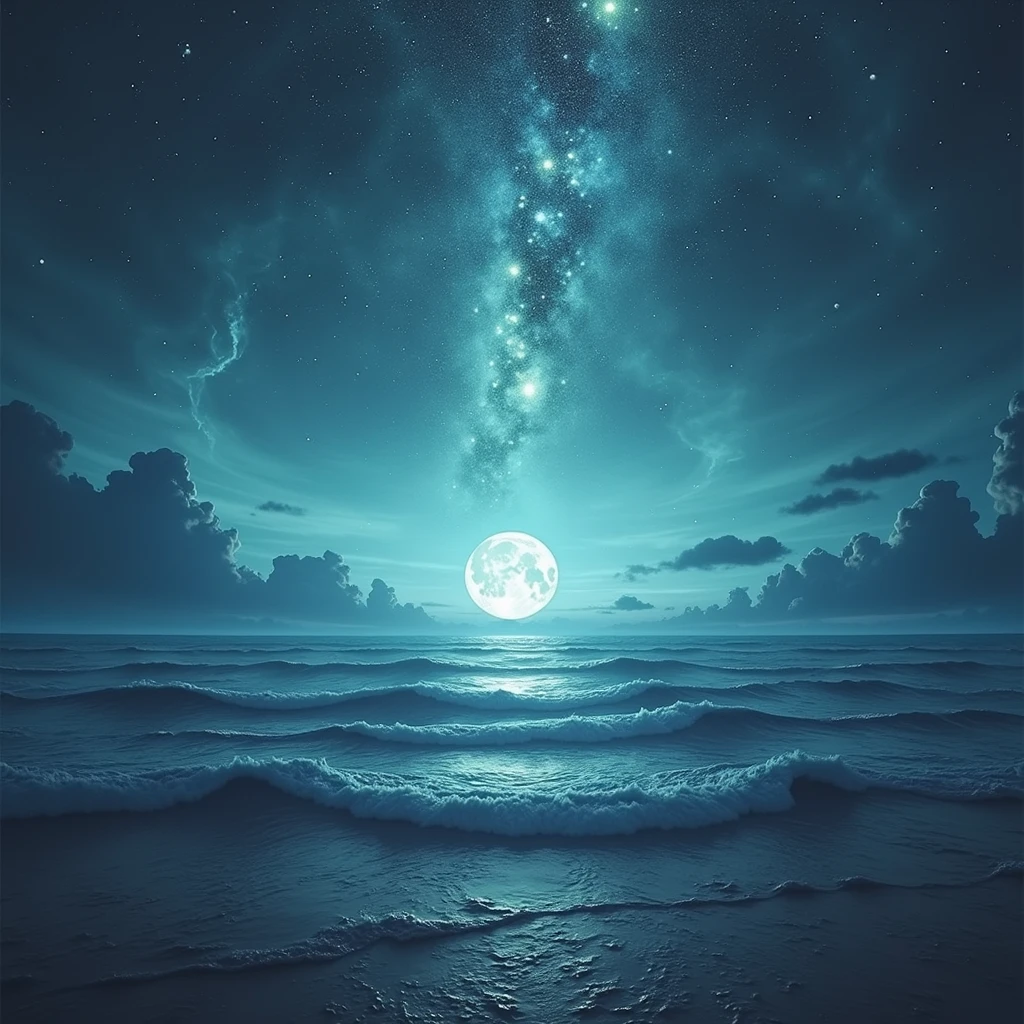 move the moon closer to the center of the image, more waves in the water, expand the galaxy in the background