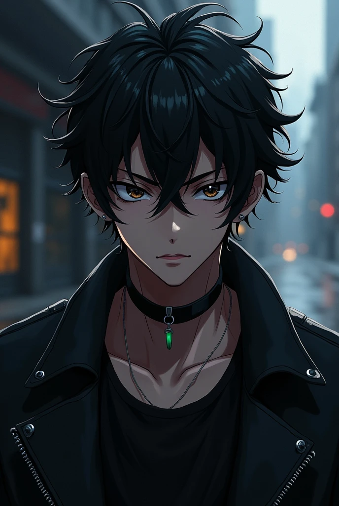 Anime boy with slightly curly black hair, very edgy