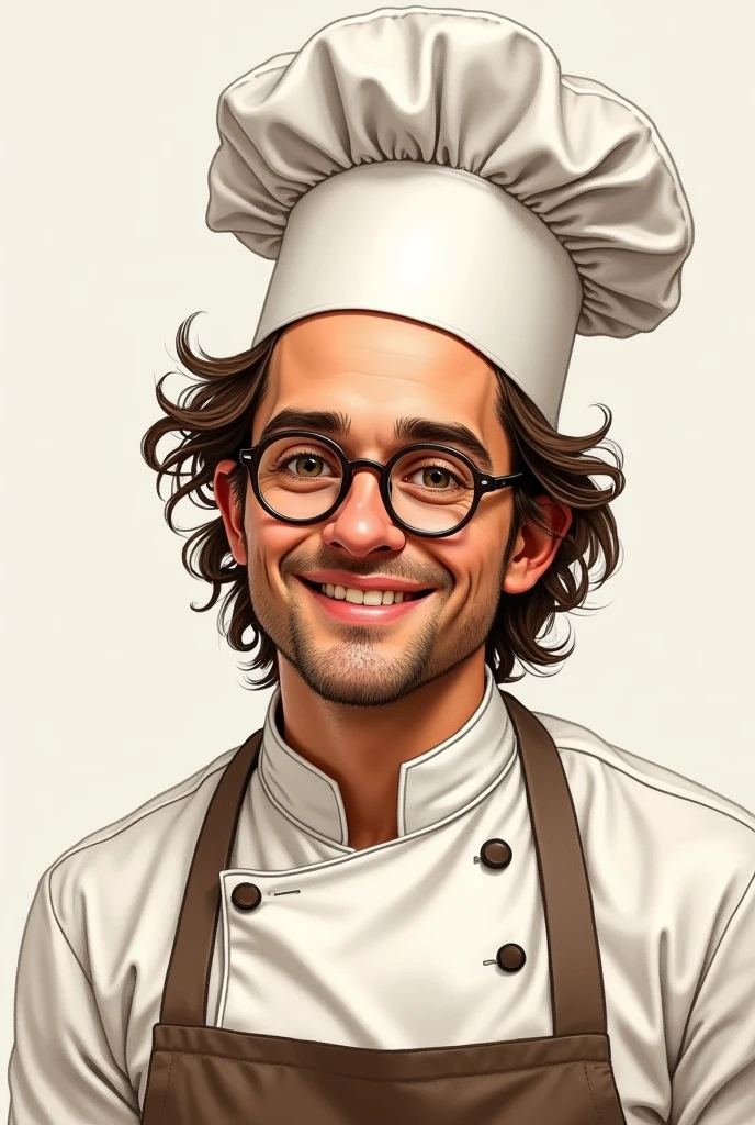 A realistic drawing of a 30-year-old baker, very natural with Italian beauty, happy, smiles subtly with his eyes, sage, Simple and kind to everyone, wavy brown hair and wears glasses and a chef's hat, with natural expression