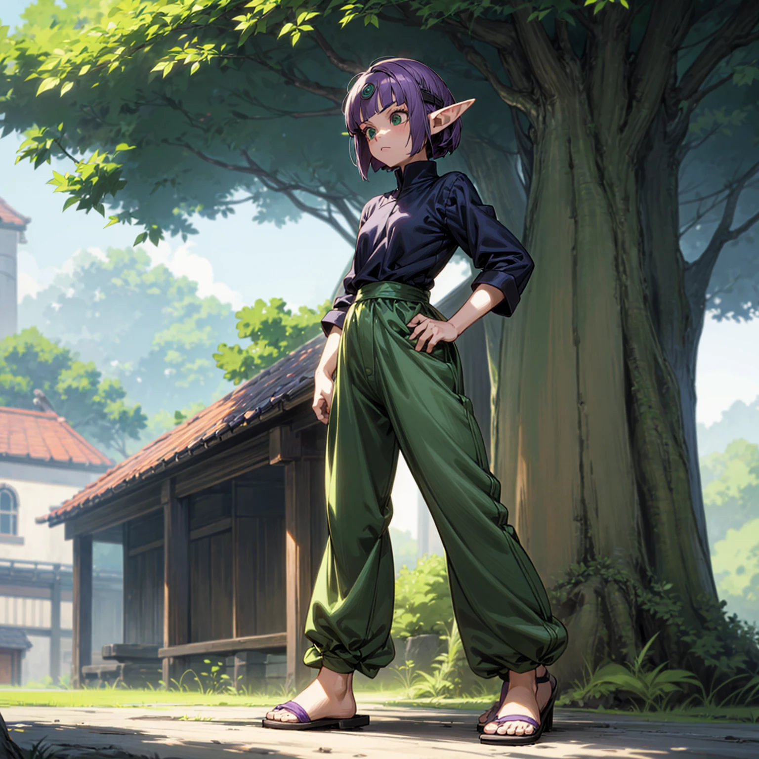 Solo character, full body version, ??? girl, (elf), green eyes, purple color hair, Curly haircut, bob hair black shirt, long pants, sandals, outdoor, village, detailed background, detailed clothing, detailed hair, muscle, standing gesture, (one piece style art, Doraemon style art)