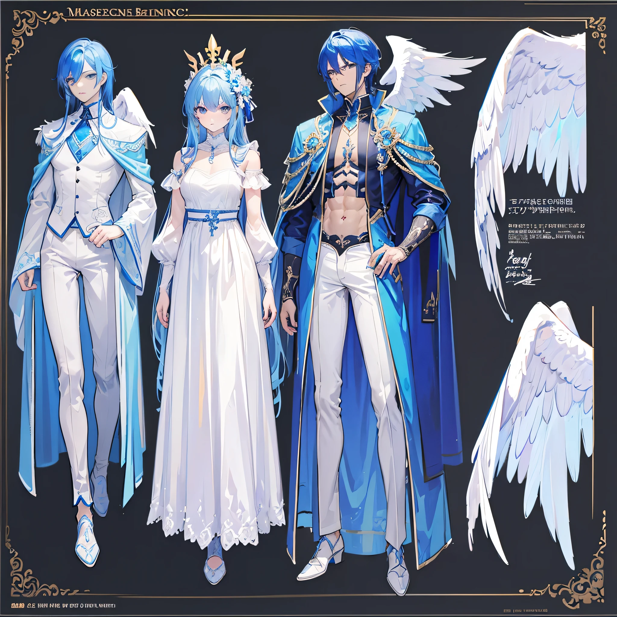 (Masterpiece, best quality), detailed, 1 man, ((character concept art)), ((character design sheet, same character, front, side, back)), full body, body complete, 1 Male angel, 1 Man angel, Detailed face, character design sheet,full bodyesbian, Highly detailed, character sheet, character design, Many parts, dark skin, angel wings, long blue hair, angel outfit, muscle male god, male clothes, masculine, muscle man, male muscle, manly, male angel, Muscle male with long blue hair,beautiful man, beautiful muscle man