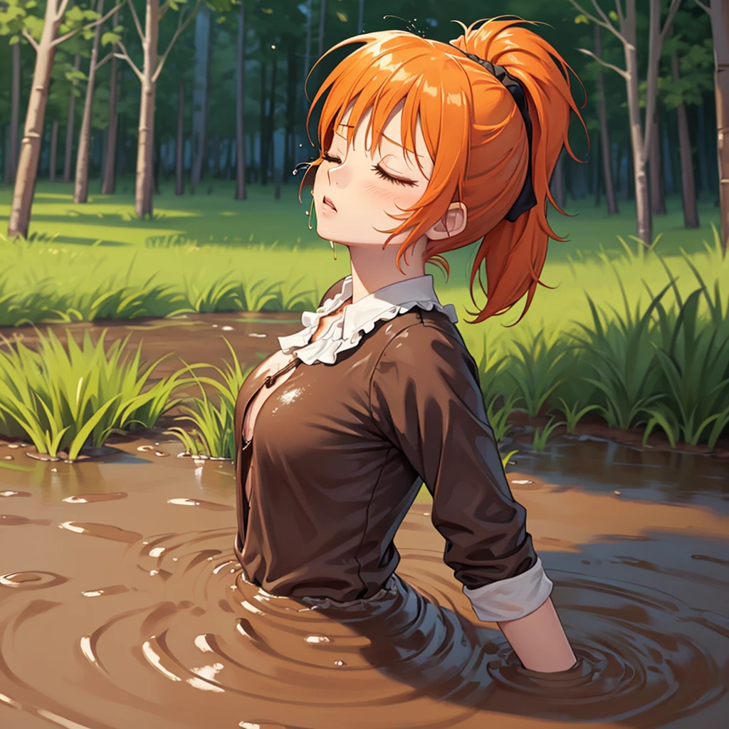Solo girl, sweet ginger girl, 1 girl, muddy, dirty, orange ponytail hair, (drowning in quicksand), deep mud, swamp, bog, grass, trees, white blouse, (orgasm:1.5), (looking up:1.3), (eyes closed:1.4), (from side:1.4)