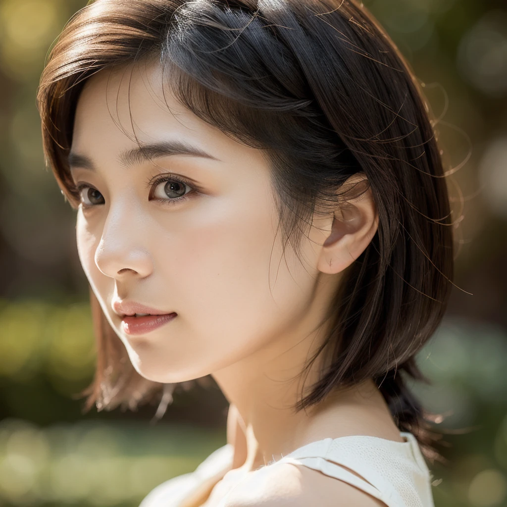 An ethereal and breathtakingly beautiful Japanese model and actress in her early 20s, depicted in an ultra-high-definition 4K close-up that reveals every intricate detail of her facial features. Her skin is hyper-realistic, showcasing a flawless complexion with a warm beige undertone that exudes a soft, natural glow. The skin texture is meticulously detailed, with visible yet refined pores, a subtle dewiness that captures the light perfectly, and a natural elasticity that conveys a soft, supple feel. Each tiny detail, from the barely-there peach fuzz along her jawline to the gentle flush of her cheeks, is rendered with astonishing precision. Her large, almond-shaped eyes are a deep, entrancing brown, with irises displaying complex color variations and reflections that give them a striking depth. The eyes are framed by perfectly arched brows and naturally curled, thick lashes that create delicate shadows on her upper cheeks. Her lips are naturally full and slightly parted, with a soft, velvety texture and a delicate sheen, capturing the light in a way that emphasizes their plumpness and smoothness. Her straight, glossy black hair frames her face, each strand individually defined, reflecting a soft, natural sheen that adds to the overall realism. The lighting is expertly calibrated, using a combination of diffused natural light and soft fill light to enhance the contours of her face, creating subtle, realistic shadows and highlights that bring out the texture of her skin and the depth of her features. Her expression is serene and confident, with a slight, enigmatic smile that adds an aura of sophistication and allure. The overall composition is designed to evoke a sense of ethereal beauty, with every element, from the finest details of her skin to the gentle fall of her hair, crafted to surpass human perception in realism.