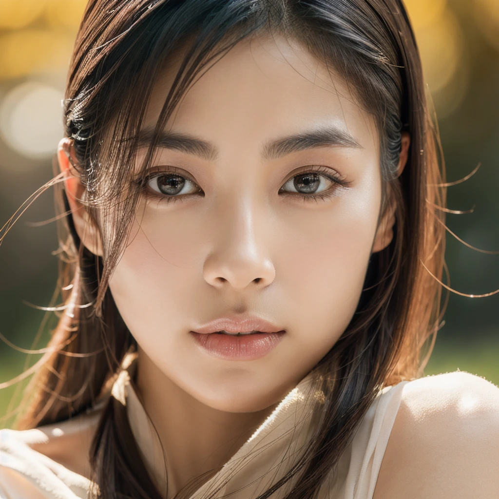 An ethereal and breathtakingly beautiful Japanese model and actress in her early 20s, depicted in an ultra-high-definition 4K close-up that reveals every intricate detail of her facial features. Her skin is hyper-realistic, showcasing a flawless complexion with a warm beige undertone that exudes a soft, natural glow. The skin texture is meticulously detailed, with visible yet refined pores, a subtle dewiness that captures the light perfectly, and a natural elasticity that conveys a soft, supple feel. Each tiny detail, from the barely-there peach fuzz along her jawline to the gentle flush of her cheeks, is rendered with astonishing precision. Her large, almond-shaped eyes are a deep, entrancing brown, with irises displaying complex color variations and reflections that give them a striking depth. The eyes are framed by perfectly arched brows and naturally curled, thick lashes that create delicate shadows on her upper cheeks. Her lips are naturally full and slightly parted, with a soft, velvety texture and a delicate sheen, capturing the light in a way that emphasizes their plumpness and smoothness. Her straight, glossy black hair frames her face, each strand individually defined, reflecting a soft, natural sheen that adds to the overall realism. The lighting is expertly calibrated, using a combination of diffused natural light and soft fill light to enhance the contours of her face, creating subtle, realistic shadows and highlights that bring out the texture of her skin and the depth of her features. Her expression is serene and confident, with a slight, enigmatic smile that adds an aura of sophistication and allure. The overall composition is designed to evoke a sense of ethereal beauty, with every element, from the finest details of her skin to the gentle fall of her hair, crafted to surpass human perception in realism.