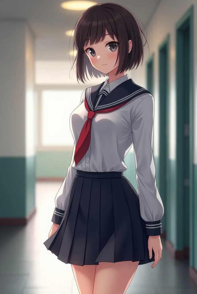 A beautiful short-haired girl in a high school uniform with big thighs