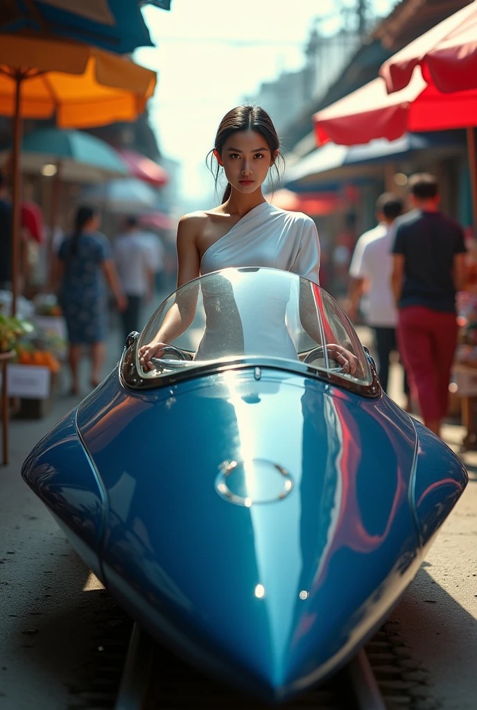 Dark Blue spaceship robot in the shape of a mackerel machine with a glass cockpit. Thai female soldier wearing a Thai dress sexy, white as a pilot. Background in the maeklong railway market, umbrellas, dynamic perspective, creative angle.