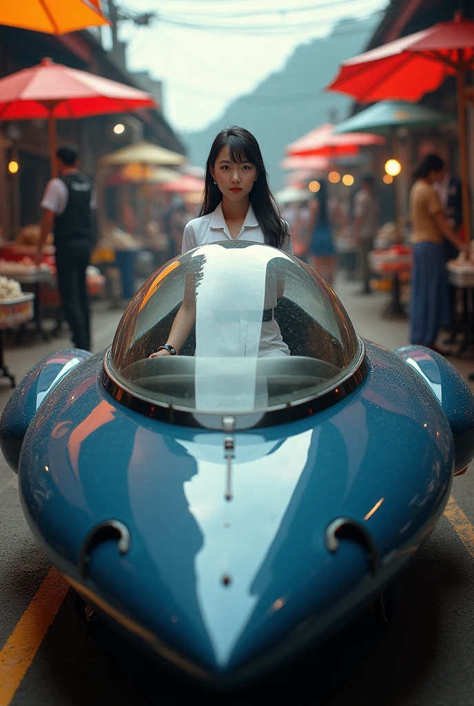Dark Blue spaceship robot in the shape of a mackerel machine with a glass cockpit. Thai female soldier wearing a Thai dress sexy, white as a pilot. Background in the maeklong railway market, umbrellas, dynamic perspective, creative angle.