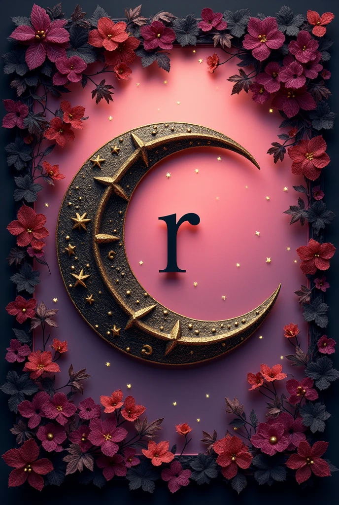 A gothic crescent moon with gold and black color with stars, Pink background , In the middle the letter R and at the bottom the phrase CATA RODRÍGUEZ BOUTIQUE