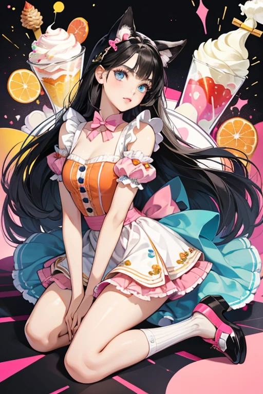 Preena has white skin with blue eyes, an orange nose, black eyebrows, yellow eyeshadow, and orange lips. Her black hair is loose and reaches down to her waist. She has no animal ears or tail.
 Preena wears a molded-on pink and blue bodice with a blue stripe around the bodice and with a white ruffle down the middle of the bodice with four different colored buttons. At the top of the bodice is a white bow with a black bow on it. Her pink and black skirt is removable with a pink elastic band. The patterns on her skirt are that of ice cream cones, sundaes, and sprinkles, with the ice cream cones on the black part of the skirt and the sundaes on the lighter pink part, with the rest of the skirt in a pattern of sprinkles. The trim is simple cut.
 Her footwear consists of orange penguin feet shoes and she has a pink bow in her hair.  SPARKLE; GLITTER