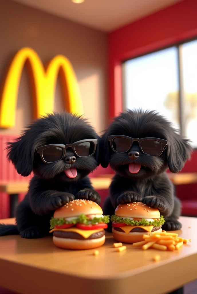 2 black shih tzu puppies eating at McDonald's wearing sunglasses 3D Pixar