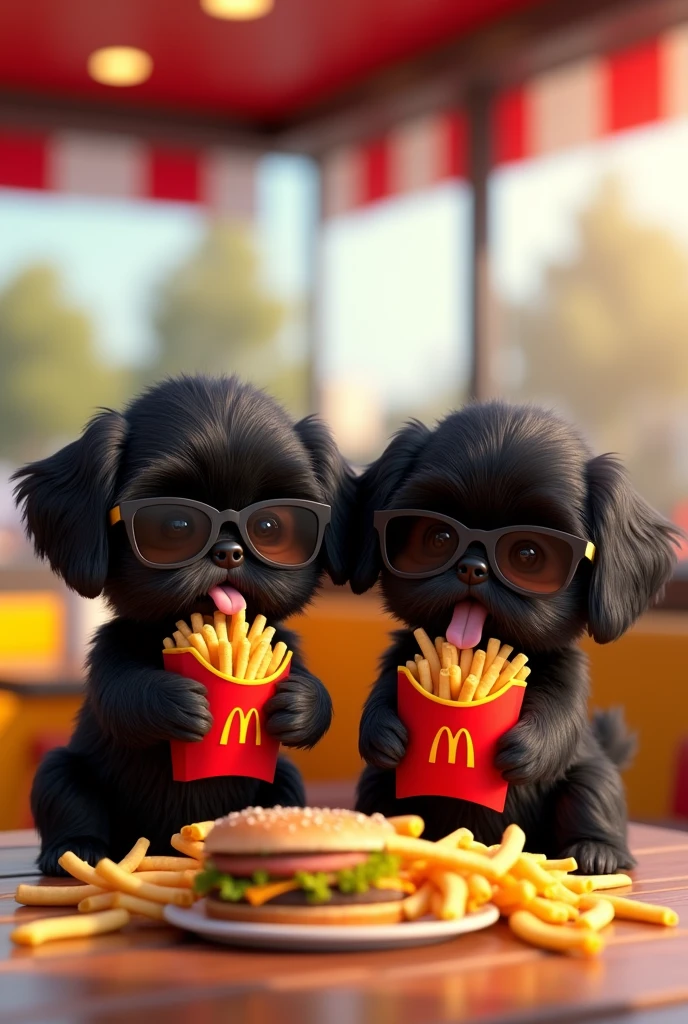 2 black shih tzu puppies eating at McDonald's wearing sunglasses 3D Pixar