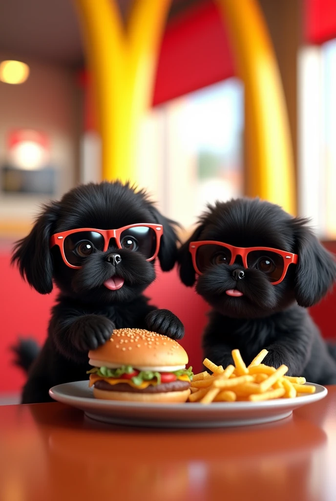 2 black shih tzu puppies eating at McDonald's wearing sunglasses 3D Pixar