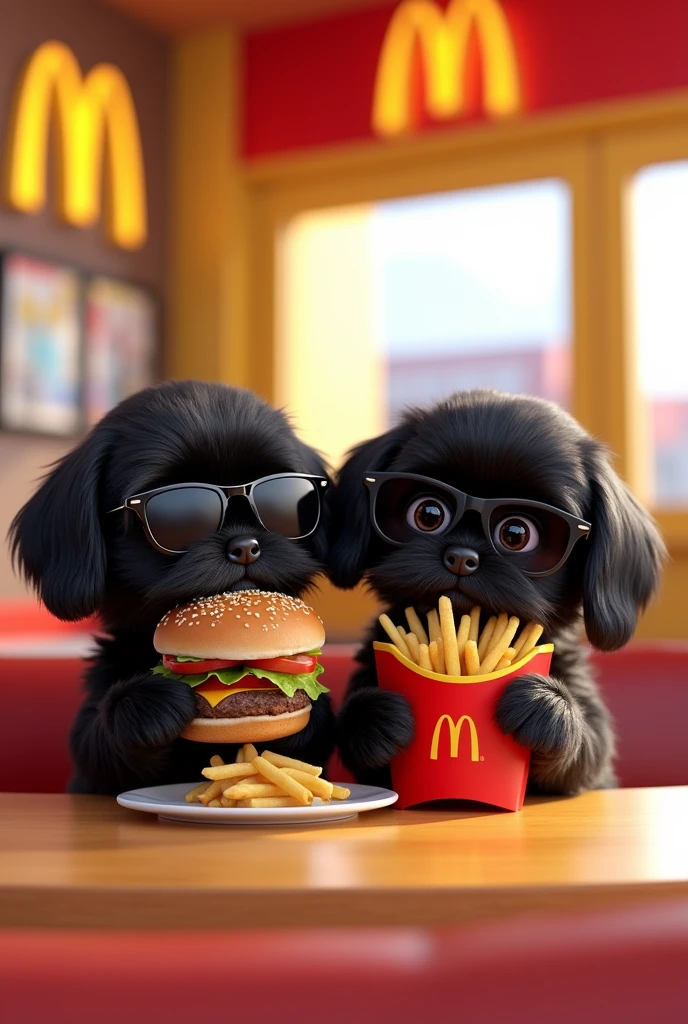 2 black shih tzu puppies eating at McDonald's wearing sunglasses 3D Pixar