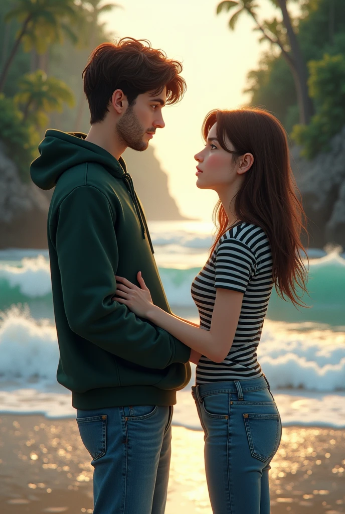 A teenager girl who wears a black and white colour horizontal line t shirt hugging tightly for a time teenager boy who wears a dark green colour hoodie and blue colour denim pant with little bit of beard in beach side with lots of trees in sides to convince him in front of waves