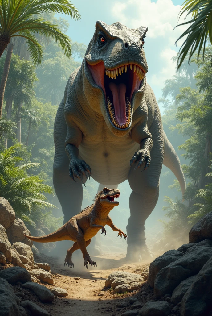 tyrannosaurus running away from a velociraptor