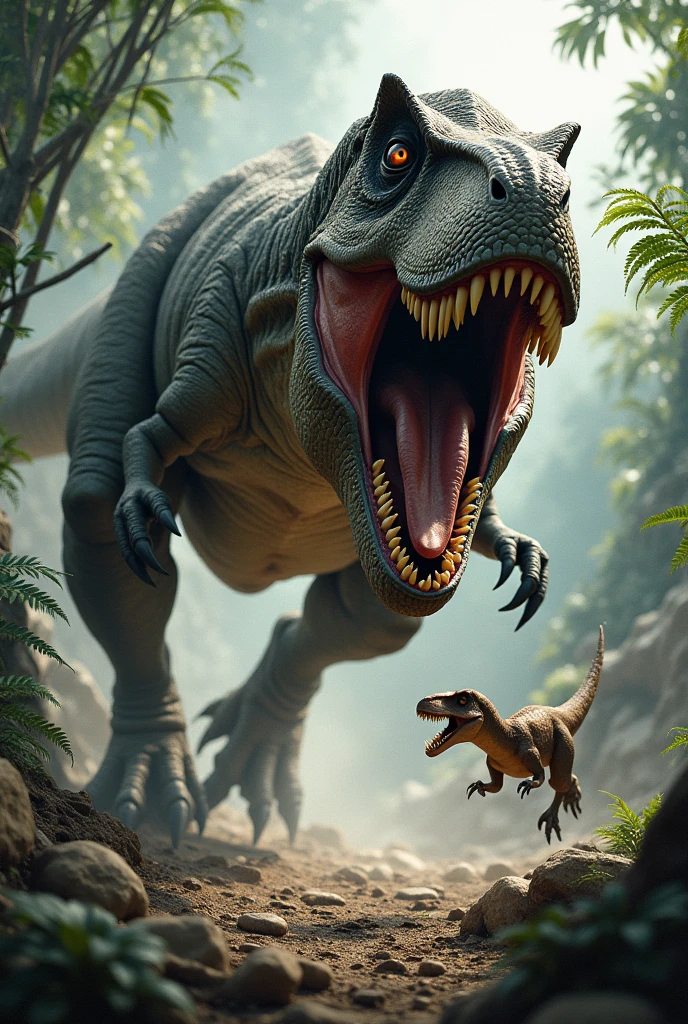 tyrannosaurus running away from a velociraptor