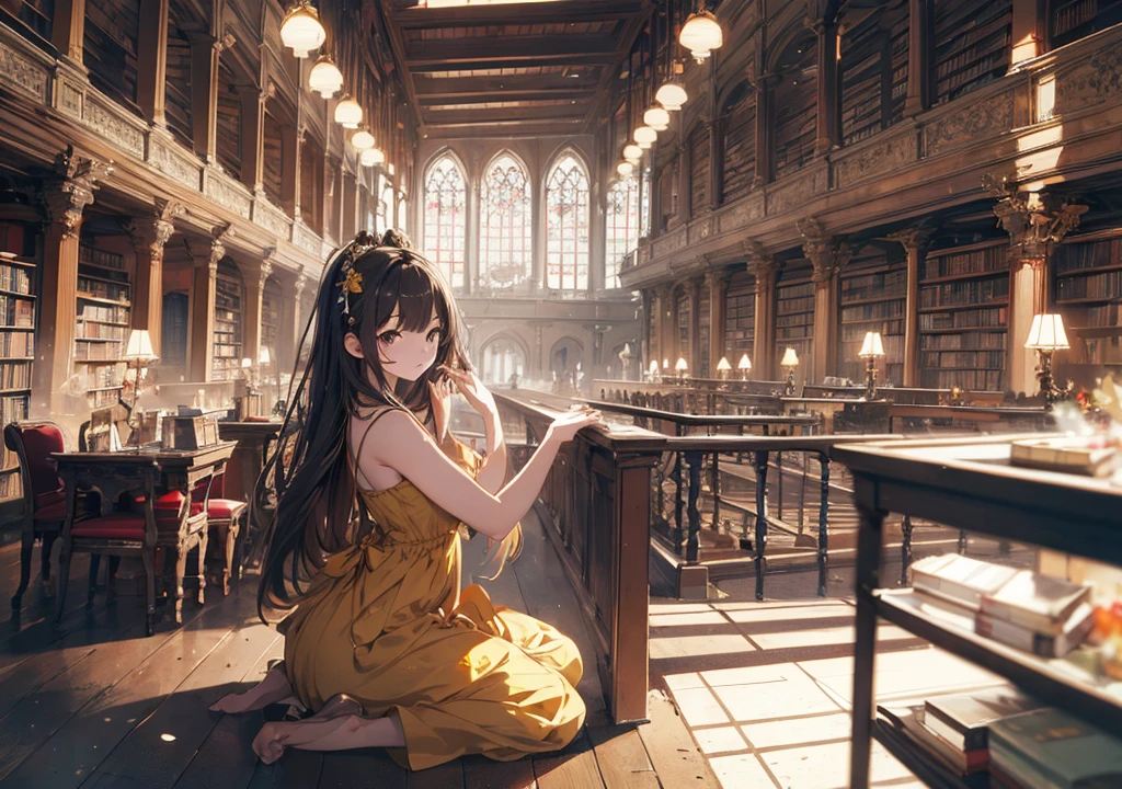 Realistic photos, Focus distance 10mm, Red and white, Beautiful girl, Realistic photos, Shooting at focus distance 10mm, masterpiece, 最high quality, high quality, Very detailed CG 8k wallpaper unit, Award-winning photography, Depth of written boundary, High resolution, bloom, chromatic aberration, Realistic, Very detailed, Art Station Trends, CGsociety Trends, Complex, High detail, dramatic, Art on the go, volumetric lighting, A beautiful girl in the style of Belle is meditating in a large library. She is wearing a yellow dress and surrounded by bookshelves, gazing calmly ahead