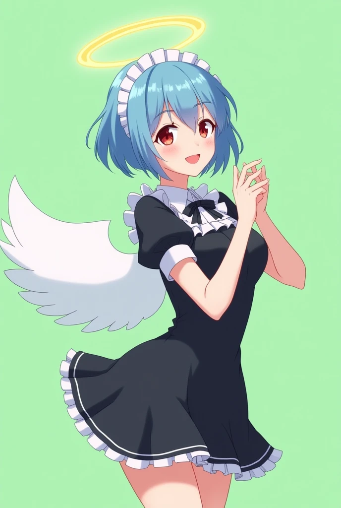 Maid cafe maid with short blue hair, Red eyes, a sensual and happy expression, age range between 18 and 26 years, with angel wings, black uniform, anime style completely in 2D, with pastel colors, with a completely flat and green background