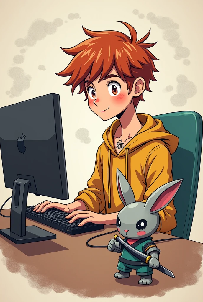 A game guy doing live on the computer, offwhite, chestnut hair, nose a little big, no beard, Youngh, appearance of with 1 small and unique tattoo on the neck written " GN9 ", and with a ninja rabbit holding two katanas by his side as his pet. make paper drawing style