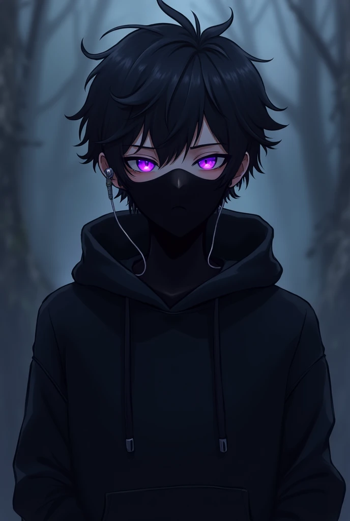 Appearance: hacker looking forward , 2d anime style , with short wavy hair , with a dark face with black hair standing on end. He wears a black mask that covers part of his face and small headphones in his ears.. He has a happy face , he is talking to me , its general appearance is gloomy , recalling an ethereal and dark presence. eyeballs: Intense and illuminated purples, increasing its mysterious and frightening aura. Clothing: Wears a black sweatshirt that enhances his shadow appearance. Personalidade: Exudes a calm and calculating demeanor, rarely loses composure. His glowing purple eyes and shadow-like appearance contribute to his enigmatic and unsettling presence.. history: Carries a dark past that shaped his menacing aura, with his hidden face and glowing eyes suggesting a deep inner conflict between light and darkness.