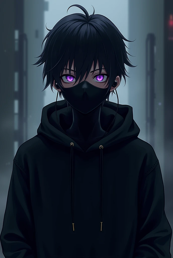 Appearance: hacker looking forward , 2d anime style , with short wavy hair , with a dark face with black hair standing on end. He wears a black mask that covers part of his face and small headphones in his ears.. He has a happy face , he is talking to me , its general appearance is gloomy , recalling an ethereal and dark presence. eyeballs: Intense and illuminated purples, increasing its mysterious and frightening aura. Clothing: Wears a black sweatshirt that enhances his shadow appearance. Personalidade: Exudes a calm and calculating demeanor, rarely loses composure. His glowing purple eyes and shadow-like appearance contribute to his enigmatic and unsettling presence.. history: Carries a dark past that shaped his menacing aura, with his hidden face and glowing eyes suggesting a deep inner conflict between light and darkness.