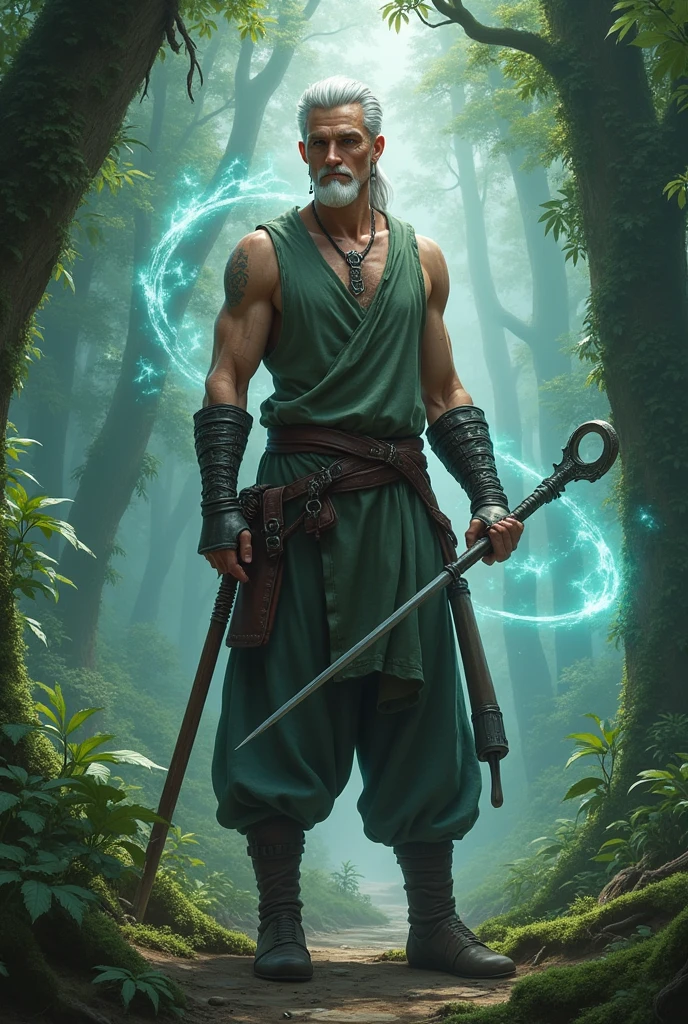 28 year old man, 1 meter and 1,80 white hair:ALL WHITE short stretched nose: up to the body: thin but fit well defined cut scar on left eyebrow, even close to the cheek BEARD:GOATBEARD ONLY UNDER THE CHIN AND WHITE COLOR CLOTHES: sleeveless shirt with a hand crossbow tied to the leg and a wand in the hand, monk&#39;s shoe, silver earrings, Elastic hem pants/medieval style jogger full body image, medieval style, com fundo de floresta, elemental orbs surrounding him.