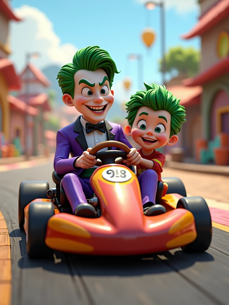 The joker superhero, dressed in a tuxedo and bow tie, drives colorful go-karts on the track with his son, in the style of Disney Pixar cartoon characters.