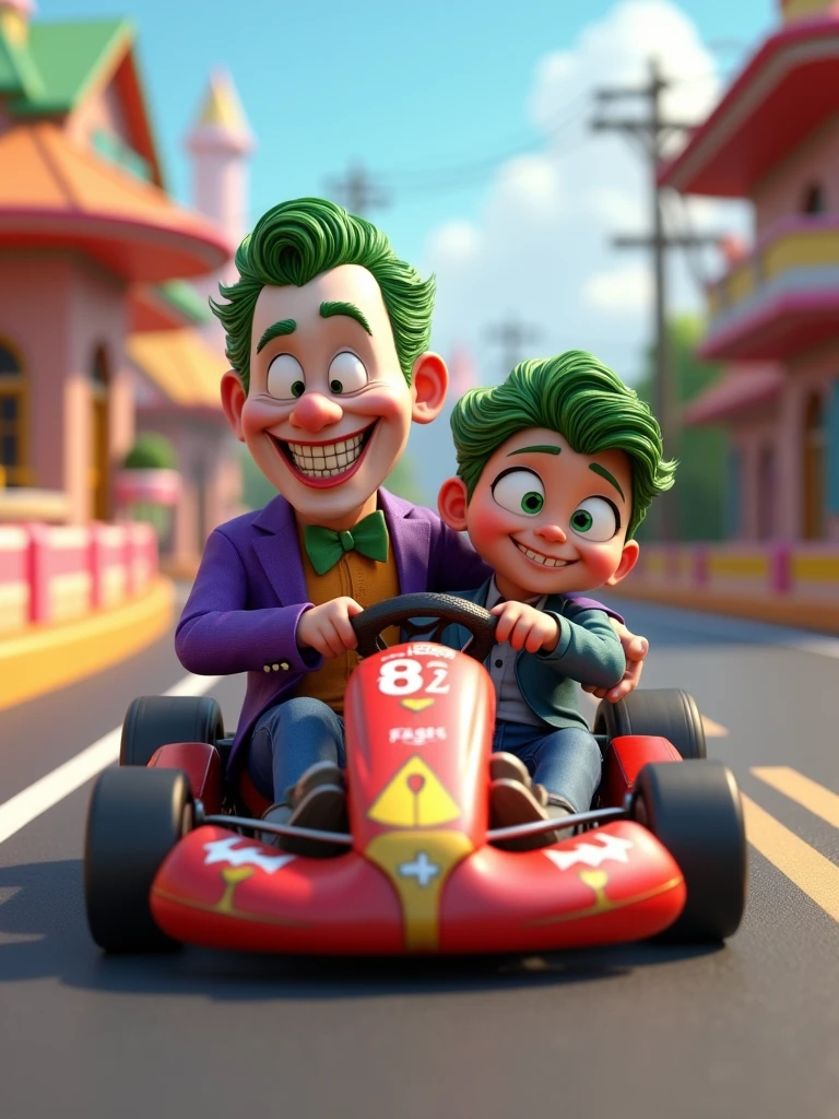 The joker superhero, dressed in a tuxedo and bow tie, drives colorful go-karts on the track with his son, in the style of Disney Pixar cartoon characters.