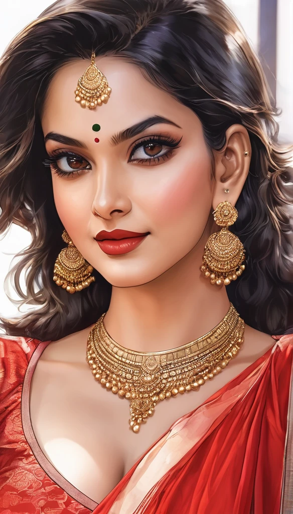 (Comic illustration)Renowned actress at the age of 28 wearing a provocative red saree braless, large oversized hoops earrings, long hair ,big saggy breasts ,face makeup, beautiful, alluring, necklace,white skin ,ear piercing ,navel
