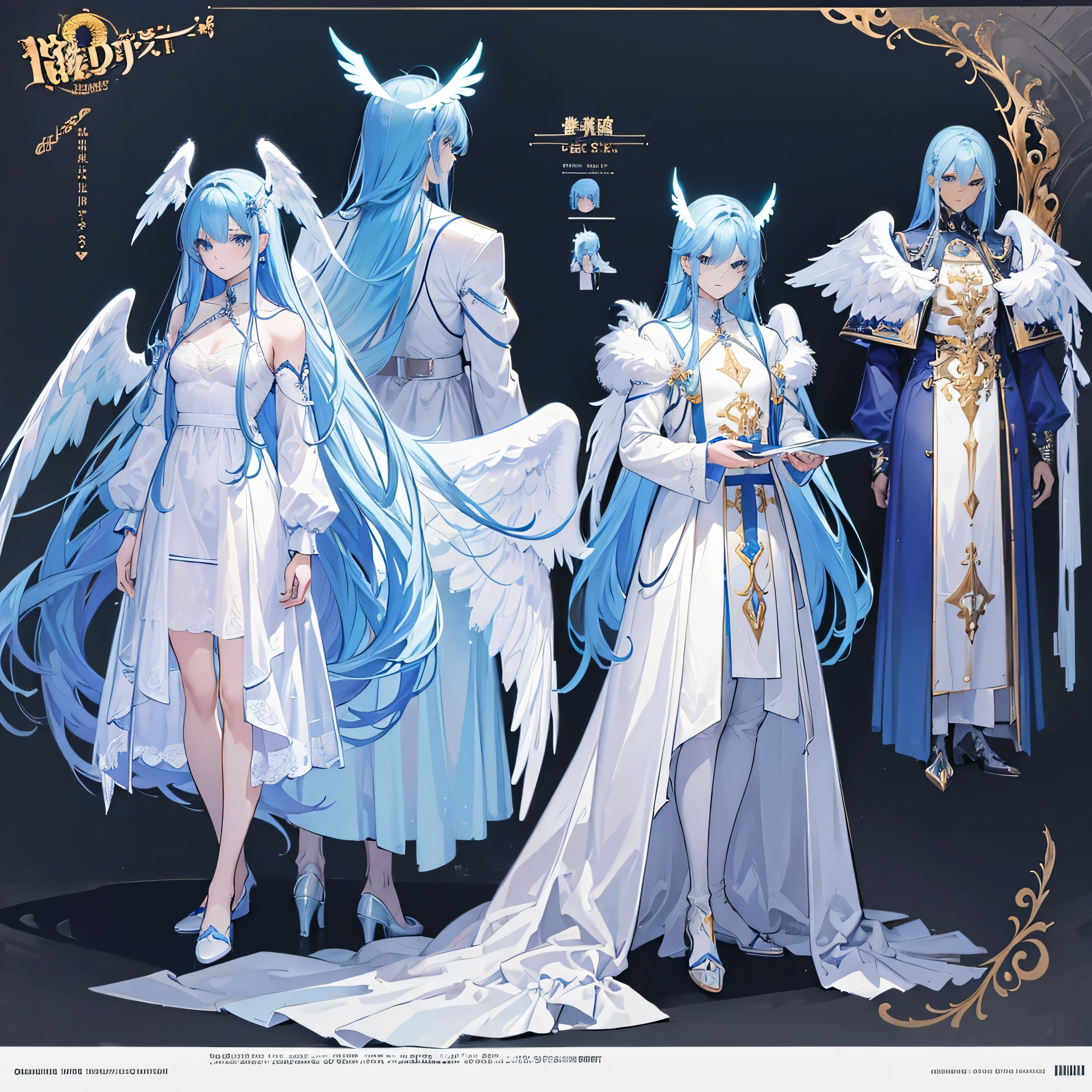(Masterpiece, best quality), detailed, 1 man, ((character concept art)), ((character design sheet, same character, front, side, back)), full body, body complete, 1 Male angel, 1 Man angel, Detailed face, character design sheet,full bodyesbian, Highly detailed, character sheet, character design, Many parts, dark skin, angel wings, long blue hair, angel outfit, muscle male god, male clothes, masculine, muscle man, male muscle, manly, male angel, Muscle male with long blue hair,beautiful man, beautiful muscle man