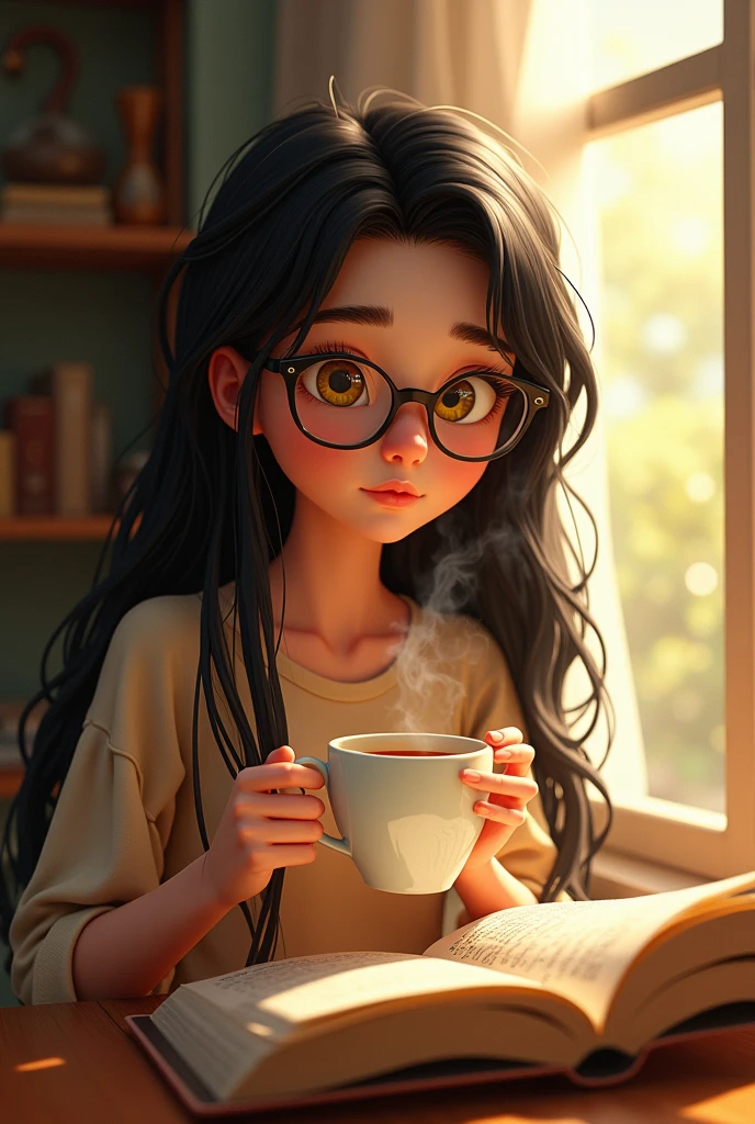 Sitting near a window with a cup of tea, her bright yellow eyes scanning the pages of a book, lost in thought.The character has long, straight, messy, dark hair, and she wears glasses., bright yellow eyes, snow-white skin, a perfect and delicate face, she is very beautiful and is 25 years old, make the image in the Pixar style Disney, in 9:16 format.
