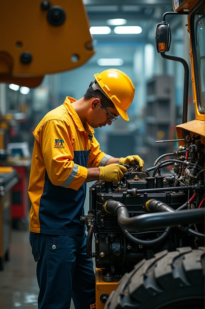 Picture of a male mechanic wearing yellow work clothes with PT united tractors logo wearing a safety helmet and gloves in a clean and orderly workshop in the background there are workshop tools such as spanners, screwdriver and toolbox repairing the HD785-8 unit parked in the middle with the hood open,The engine parts are seen being checked or repaired and some components are removed from their places. The engine looks complex with various parts such as radiator pipes and cables..Mechanics are seen checking and repairing certain parts, the light from the workshop lights illuminates the work area.. The image was taken from an angle that shows the overall environment and details of the HD785-8 unit.