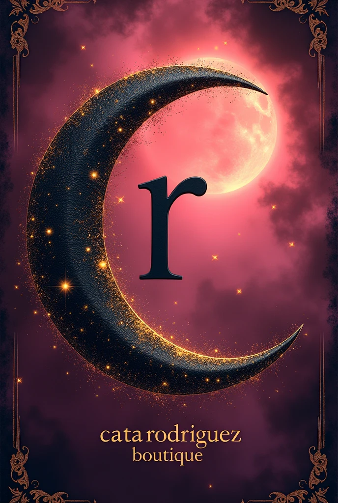 A gothic crescent moon with gold and black color with stars, Pink background , In the middle the letter R and at the bottom the phrase CATA RODRÍGUEZ BOUTIQUE