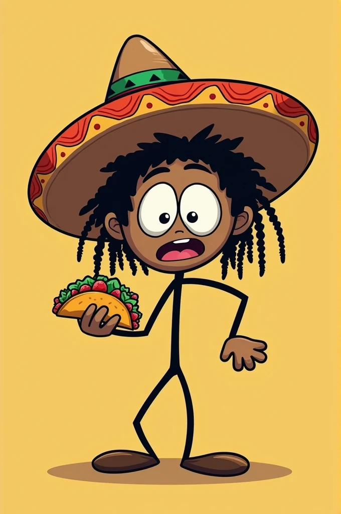 Create an image for Taco Mi Crazi, the body is a stick figure holding a taco with a rastafarian hairstyle, bulging eyes wearing a sombrero. Ensure the body is a stick figure in a crazy pose.